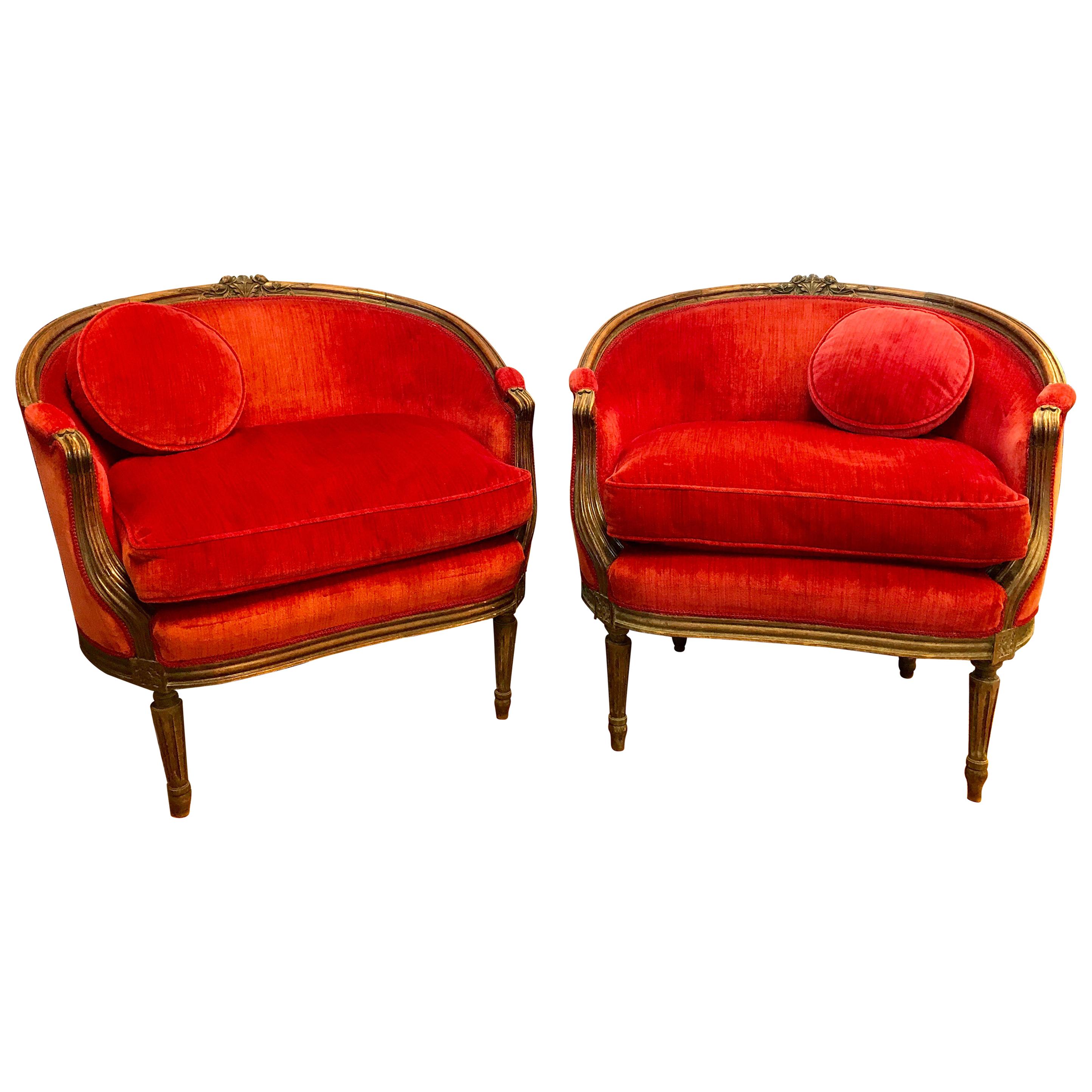 Pair of Belle Époque French Louis XV Style Red Velvet Bergeres Chairs Armchairs