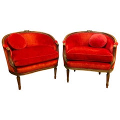 Pair of Belle Époque French Louis XV Style Red Velvet Bergeres Chairs Armchairs