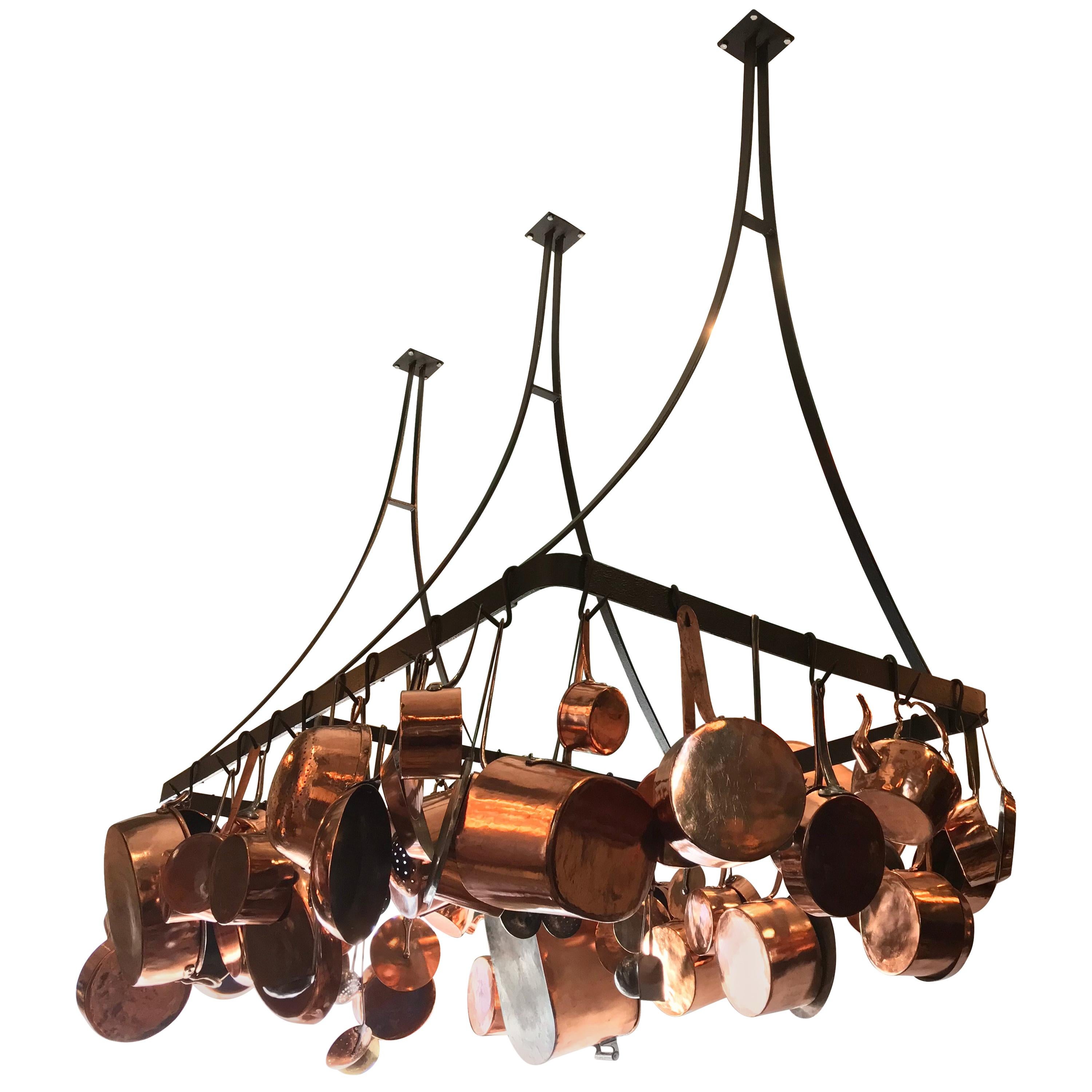 Kitchen Ceiling Mounted Pot Rack with Antique Copper Pots Pans Cookware at  1stDibs | copper pot rack, copper ceiling pot rack, copper pan rack
