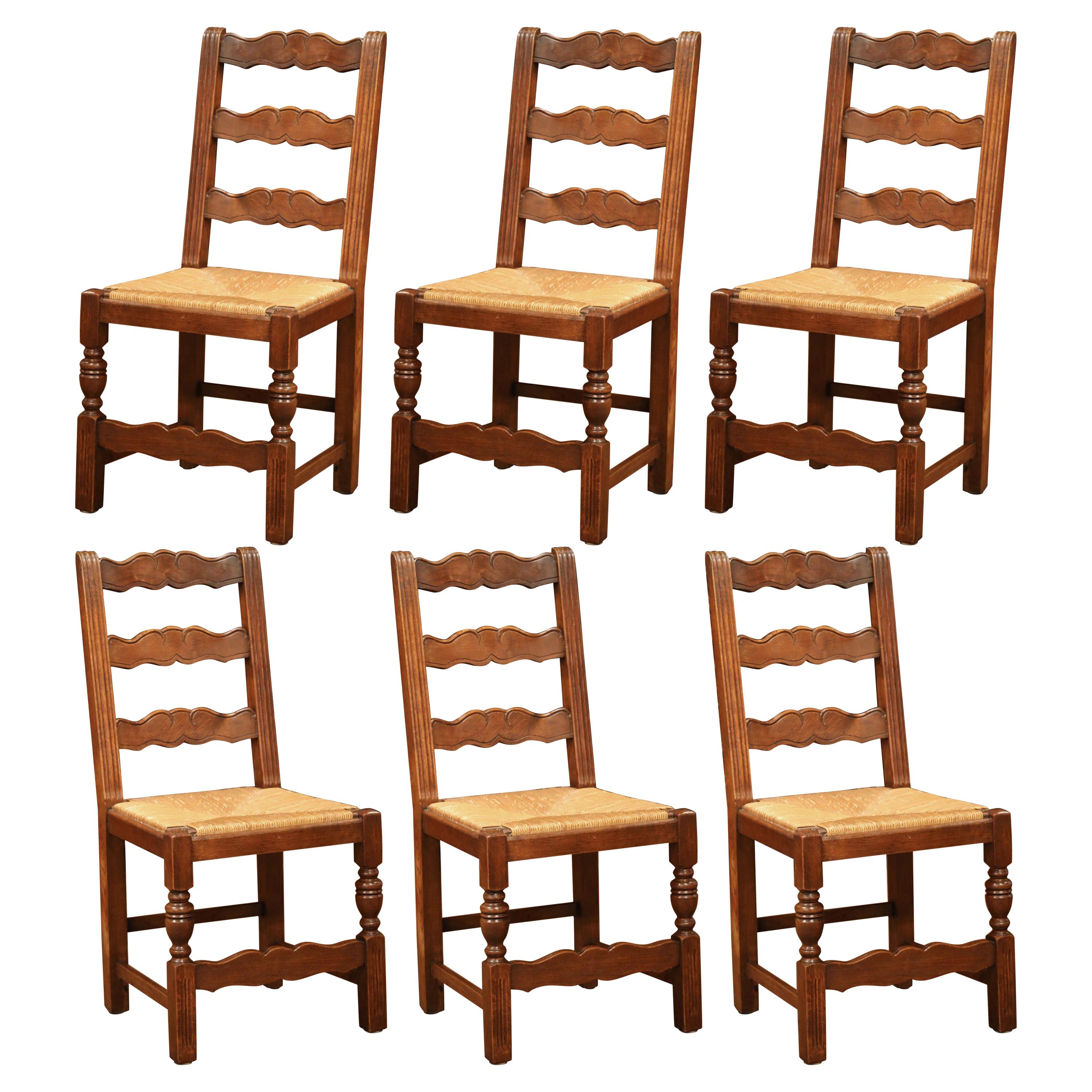 French Carved Oak Ladder Back Chairs with Rush Woven Seat, Set of Six