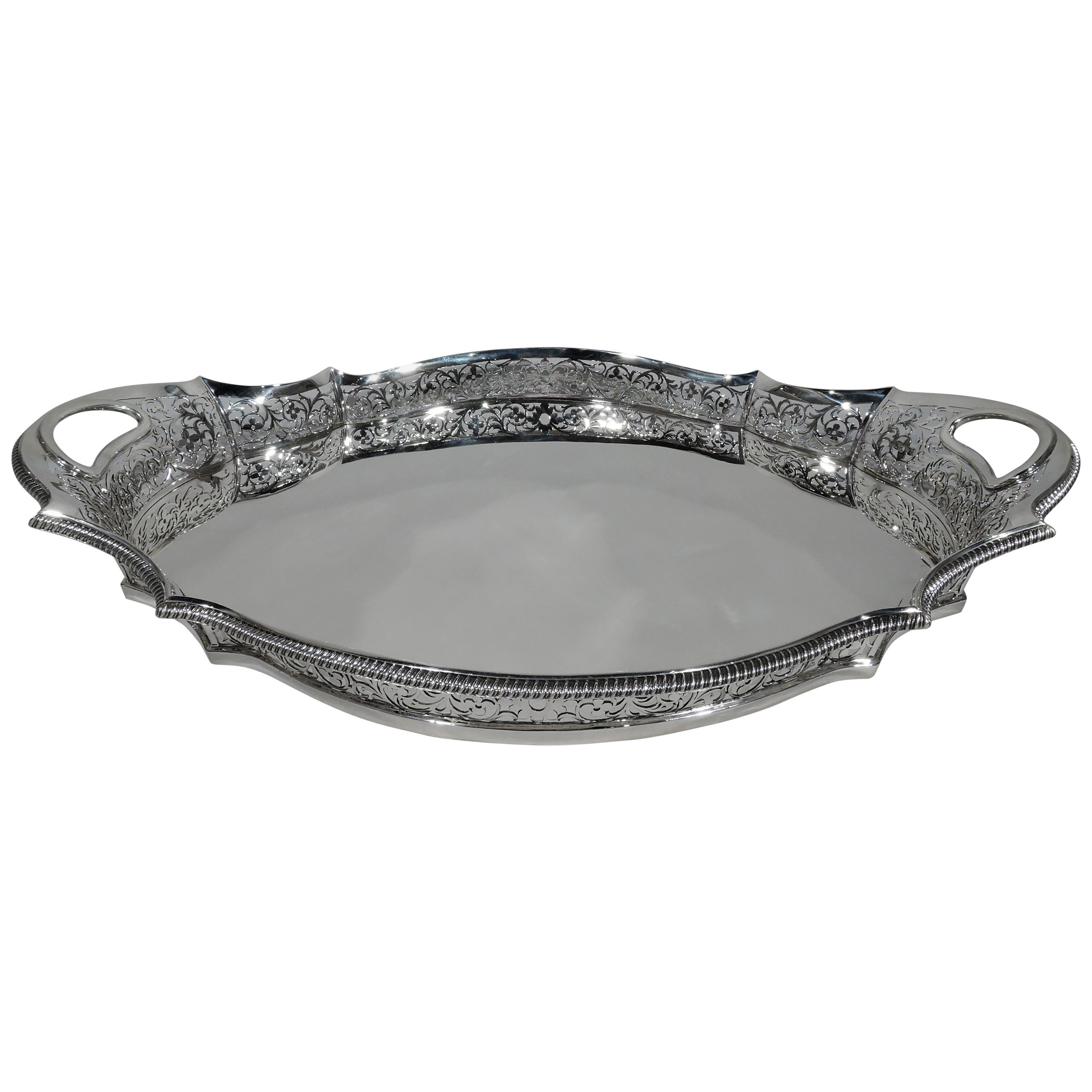 Large Antique English Edwardian Sterling Silver Gallery Tray