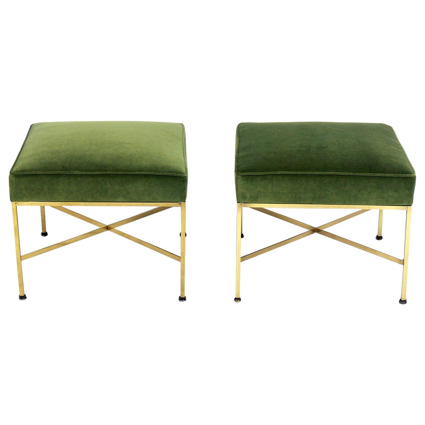 Paul McCobb Brass X-Stools in Fern Green Velvet