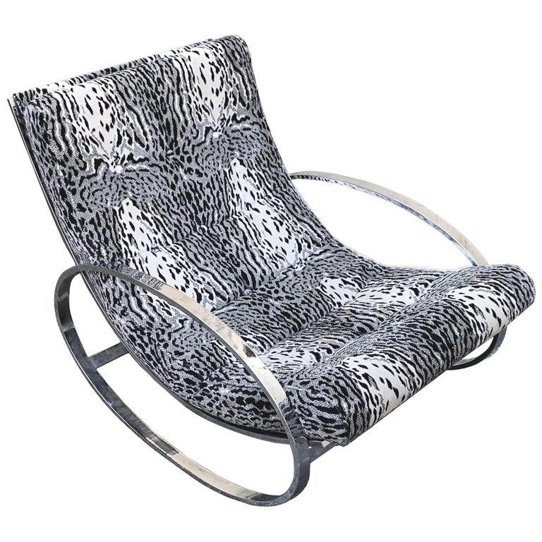 Renato Zevi White Tiger Pattern Fabric Chrome Rocking Chair For Selig Ellipse Renato Zevi White Tiger Pattern Fabric Chrome Rocking Chair For Selig Ellipse