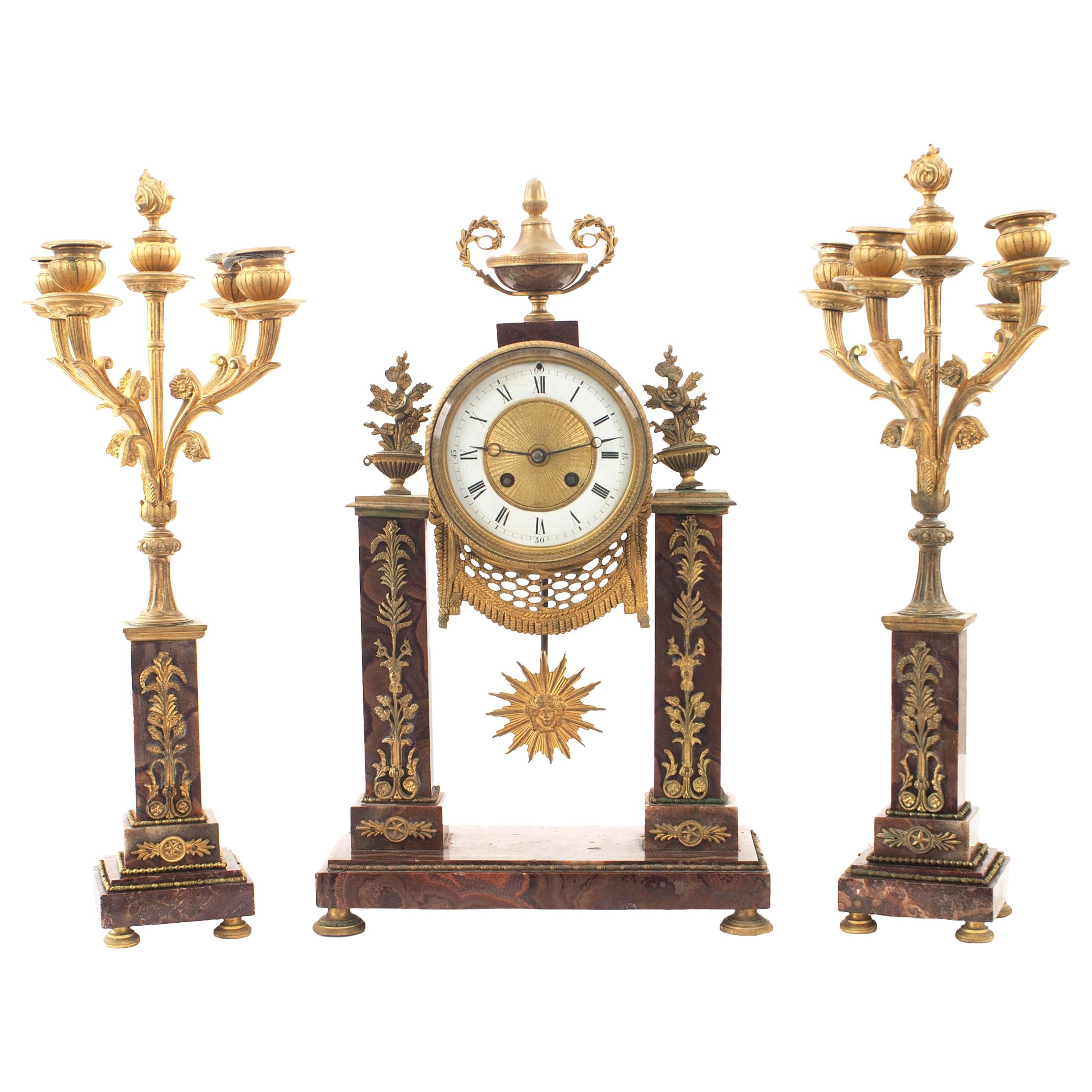 3-Piece French Louis XVI Marble Clock Set For Sale