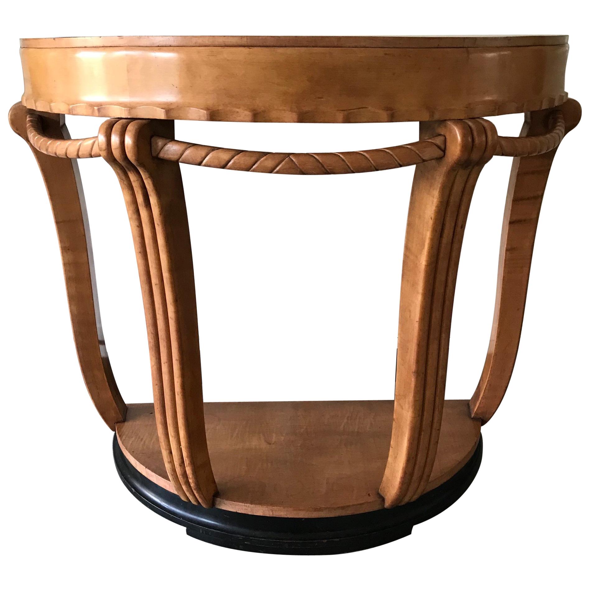 Grande et élégante console/table d'appoint Art déco semi circulaire en bois de hêtre teinté