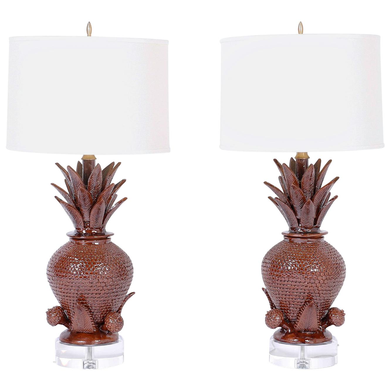 Pair of Pineapple Pottery Table Lamps