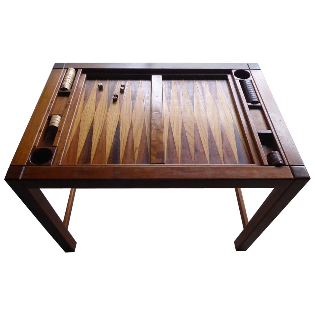 Spectacular 1970s Artisan-Made Backgammon Table with Checkers