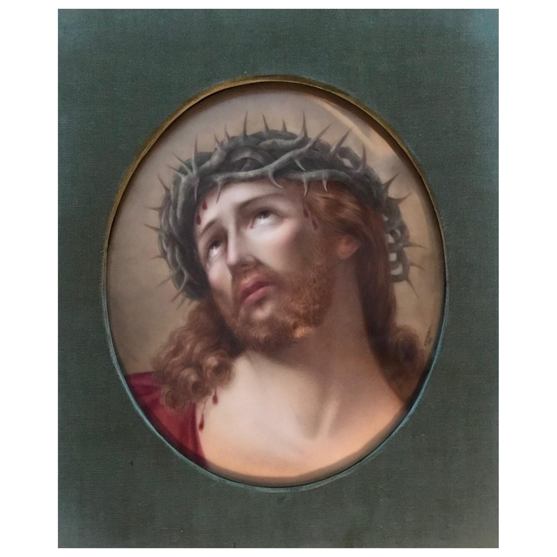 Large German Hutschenreuther Hand Painted Porcelain Plaque Head of Christ