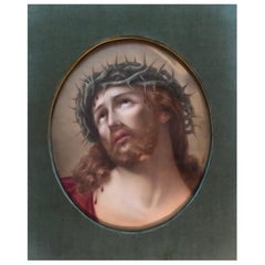 Large German Hutschenreuther Hand Painted Porcelain Plaque Head of Christ