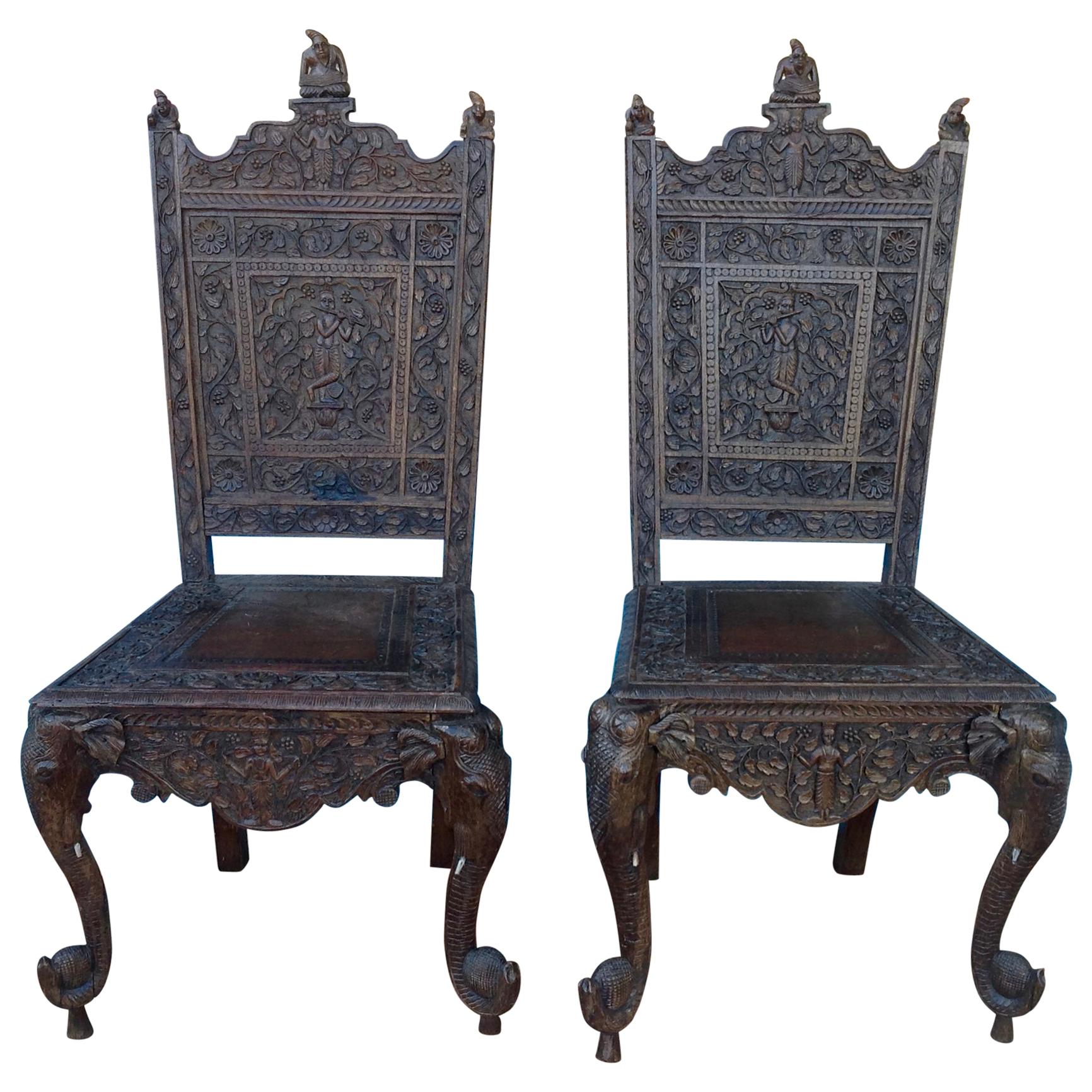 Pair of Elaborately Carved Anglo-Indian Side Chairs