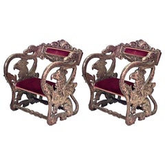 Antique Pairs of 19th Century Italian Renaissance Style Jester Chairs