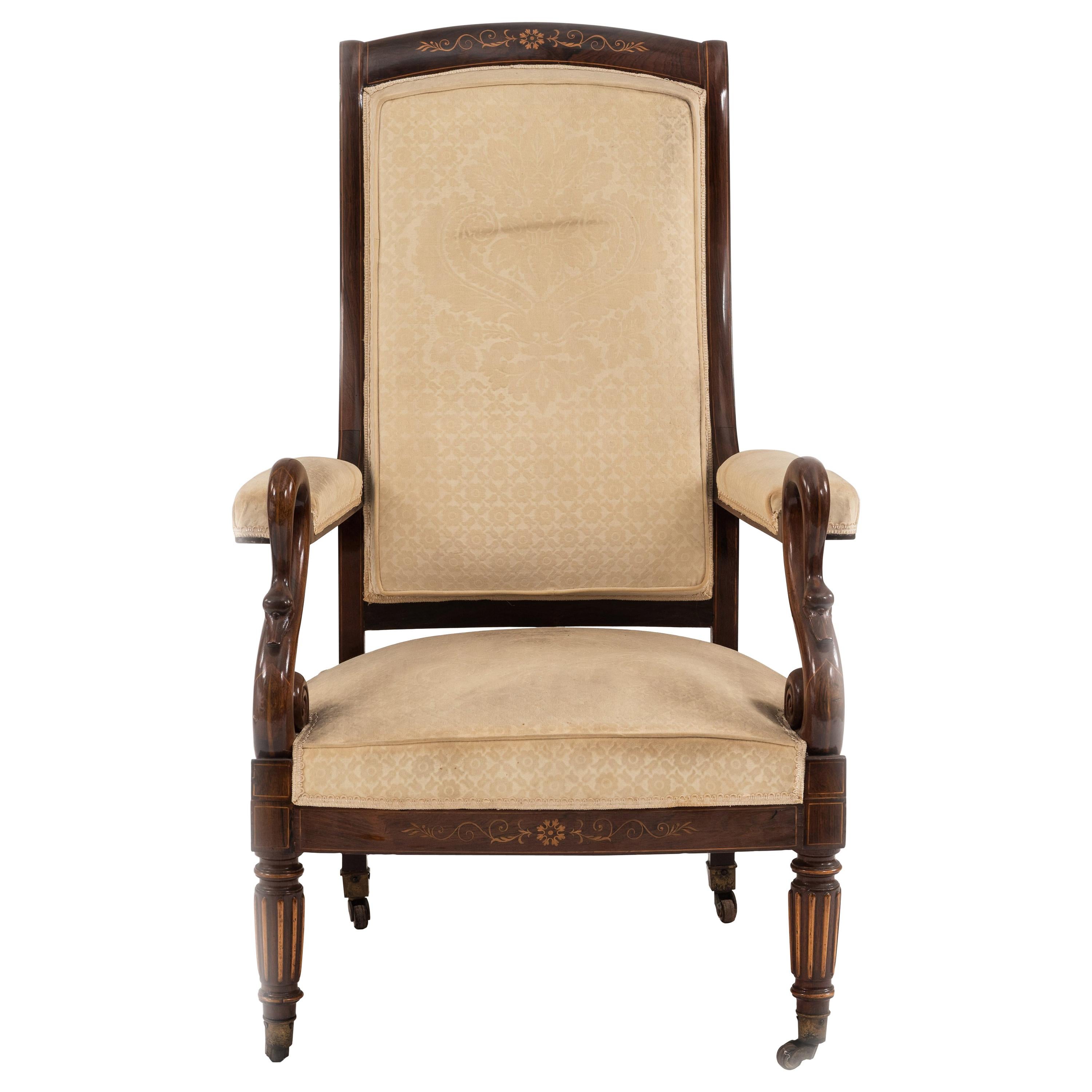 French Charles X Rosewood and White Velvet Swan Armchair