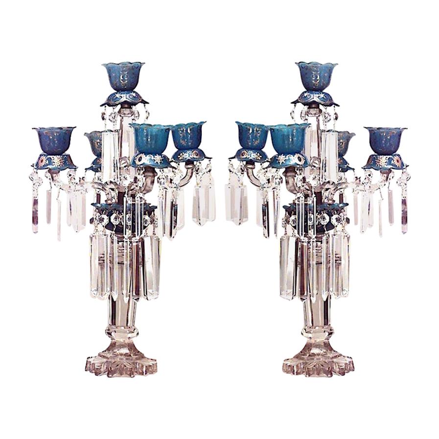 Pair of English Victorian Crystal and Opaline Candelabras For Sale