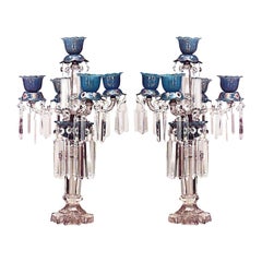 Paire de candélabres anglais victoriens en cristal et opaline