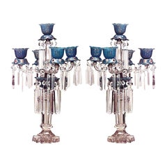 Pair of English Victorian Crystal and Opaline Candelabras