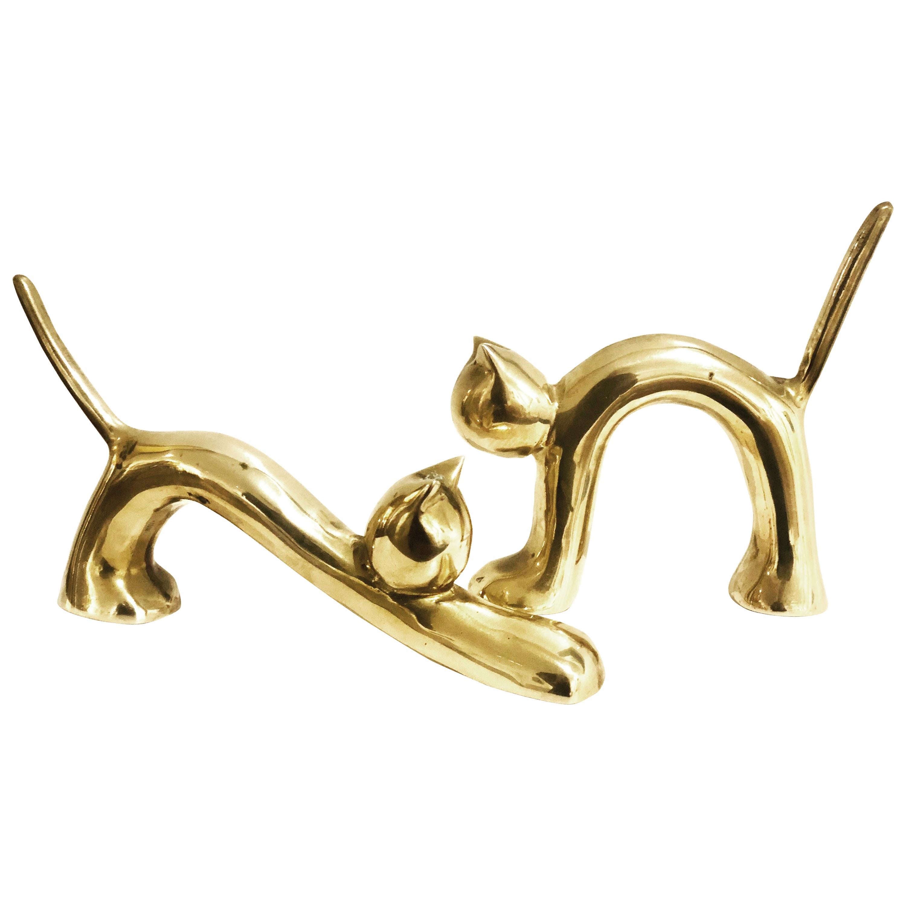 Pair of Polished Brass Art Deco Cat Sculptures