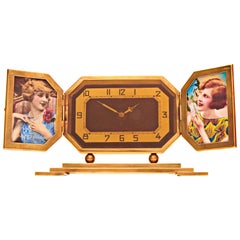 French Art Deco Brass Mechanical Clock with Dual Shutter-Fold Photo Frames