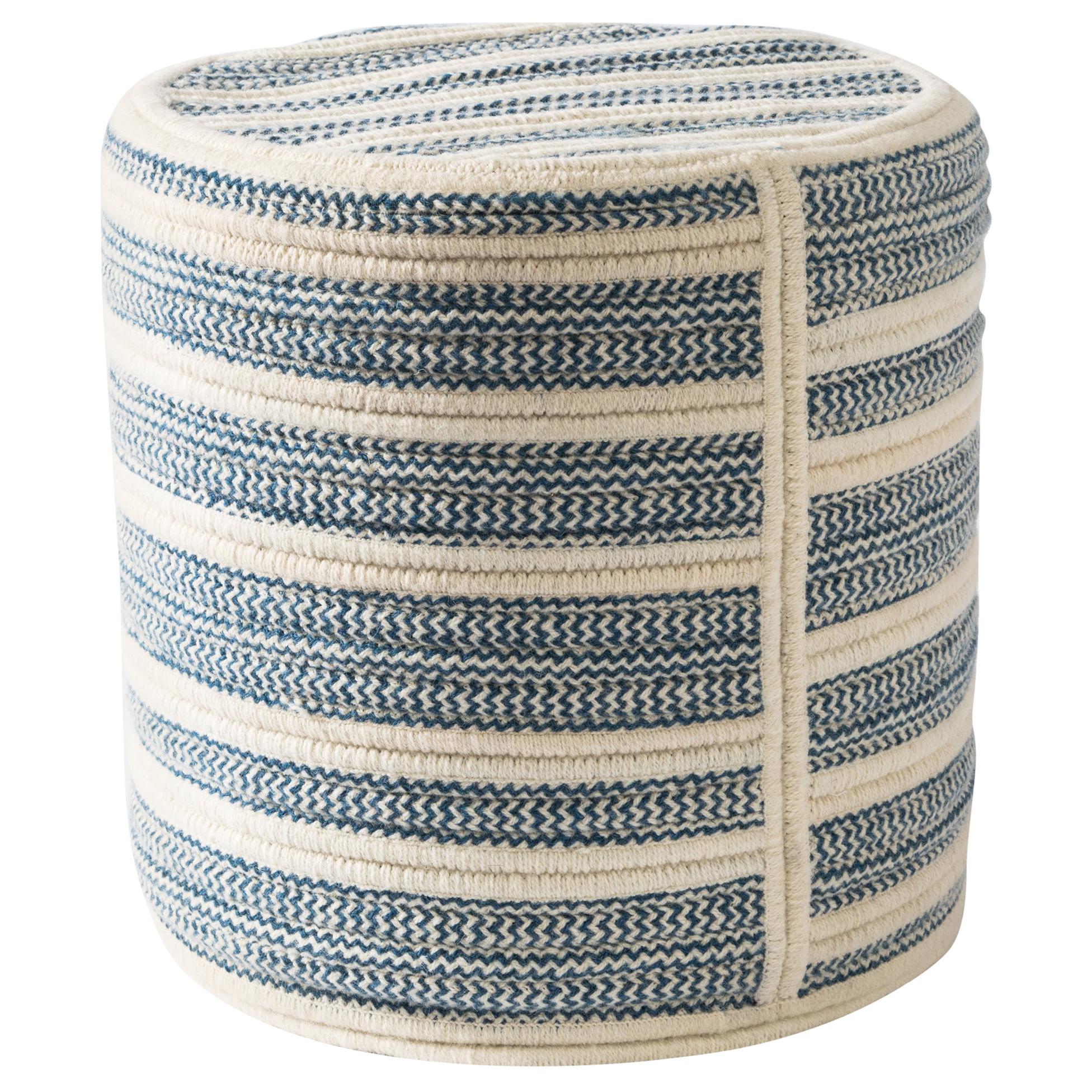 Franco Woven Wool Ottoman in Blue Custom Made in the USA For Sale