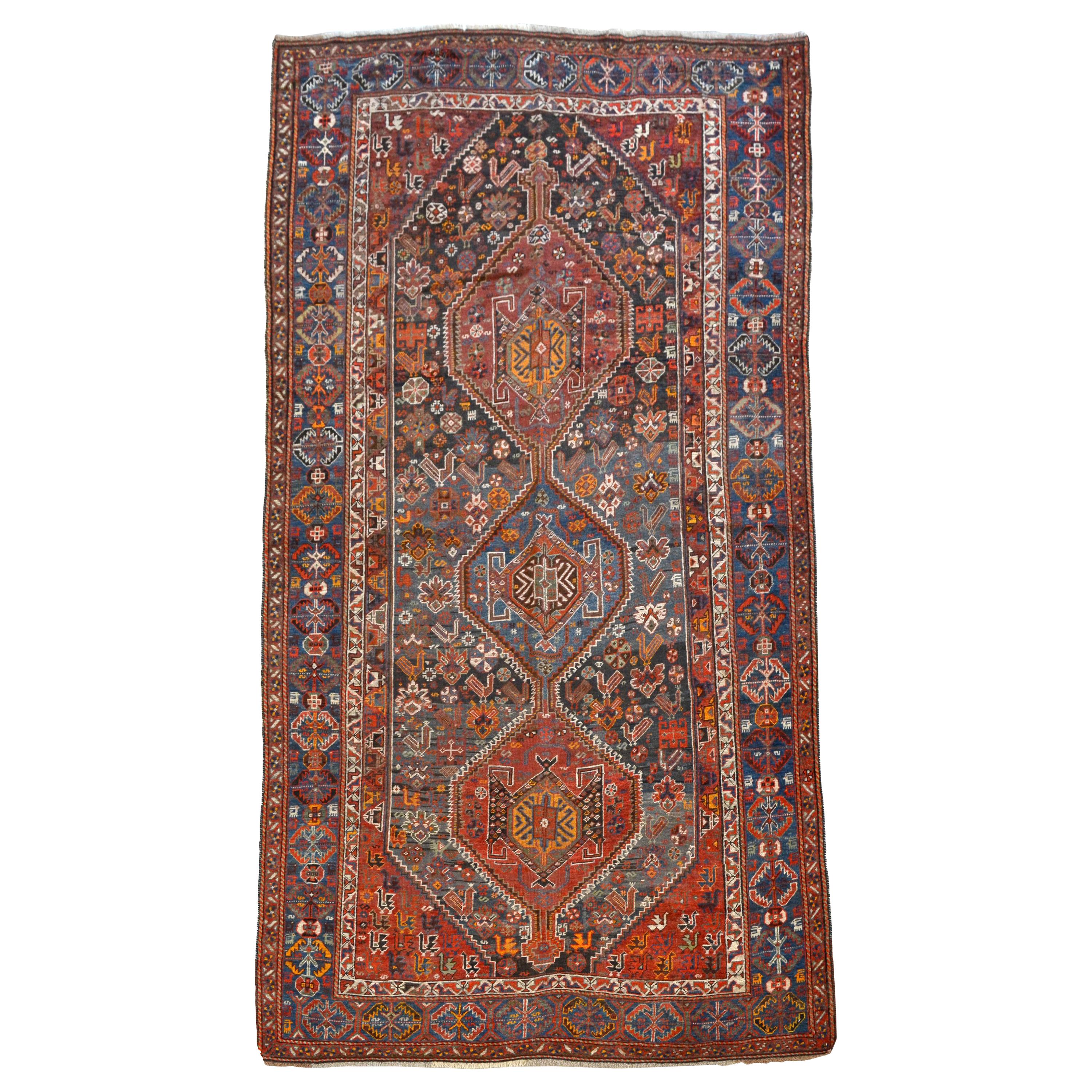 Alfombra Persa Qashqai Neriz Antigua de 1880, Rojo, Naranja, Azul, Lana, 1,5 x 2,5 m