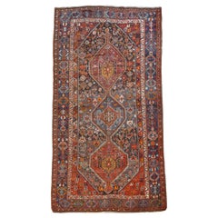 Antico tappeto persiano Qashqai Neriz del 1880, rosso, arancione, blu, lana, 5' x 10'