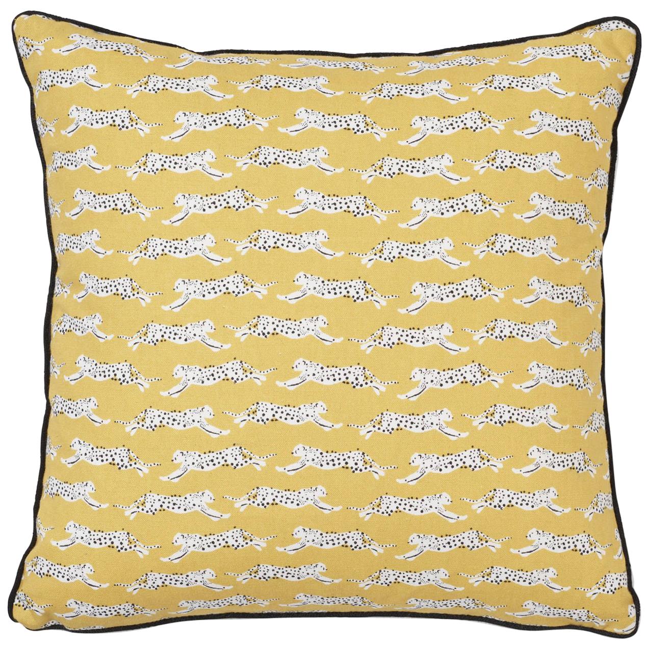 Schumacher Leaping Leopards Yellow Two-Sided Cotton Pillow For Sale
