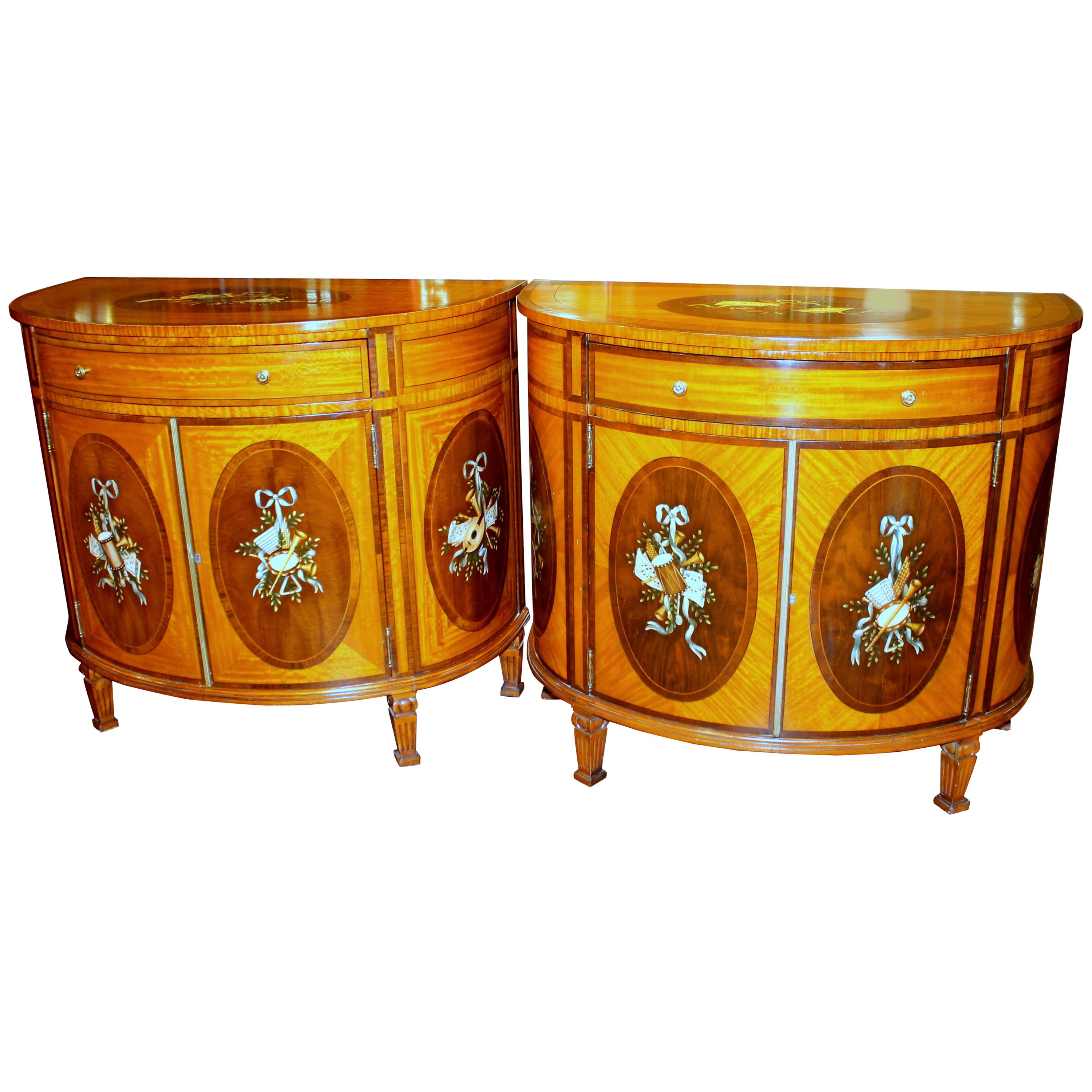 Pair of Old Reprod George III Style Hand Painted Satinwood Demilune Commodes