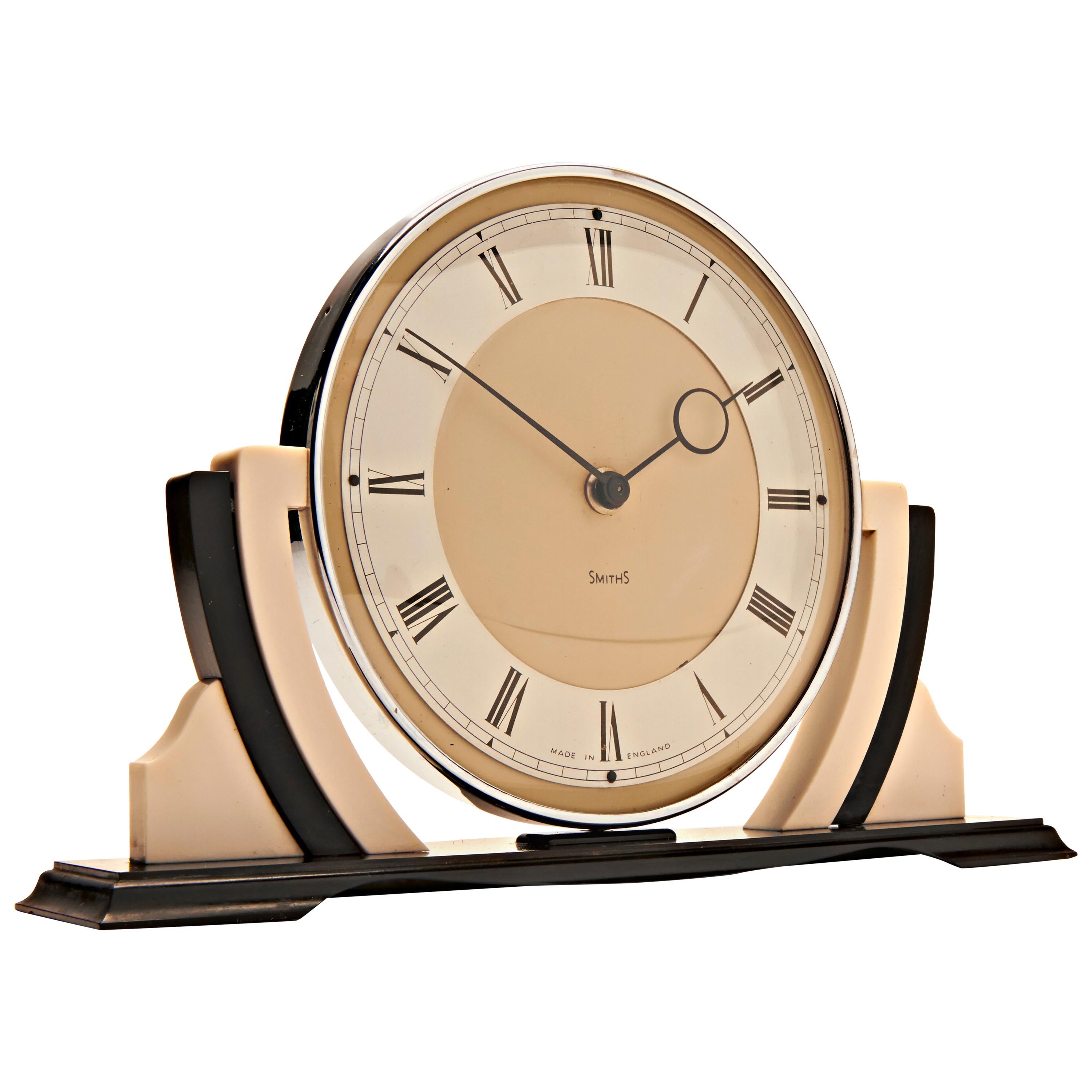 Iconic English Art Deco Chrome, Black and White Bakelite Mechanical Mantel Clock