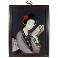 19th Century Chinese Export Reverse Painting on Glass of a Woman Reading