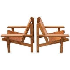 Pair of Kurt Ostervig Hunting Chairs in Oak and Leather, Denmark, 1960s