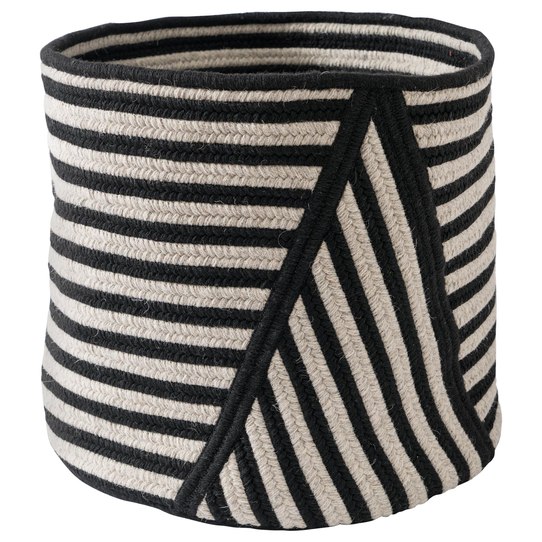 Point Striped Wool Basket in Black and Light Grey Custom Woven in the USA For Sale