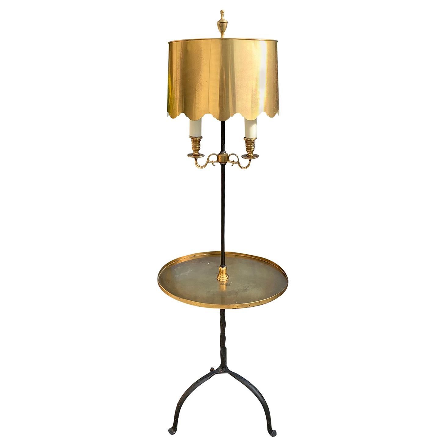 20th Century Iron Floor Lamp with Brass Table, Adjustable Brass Shade