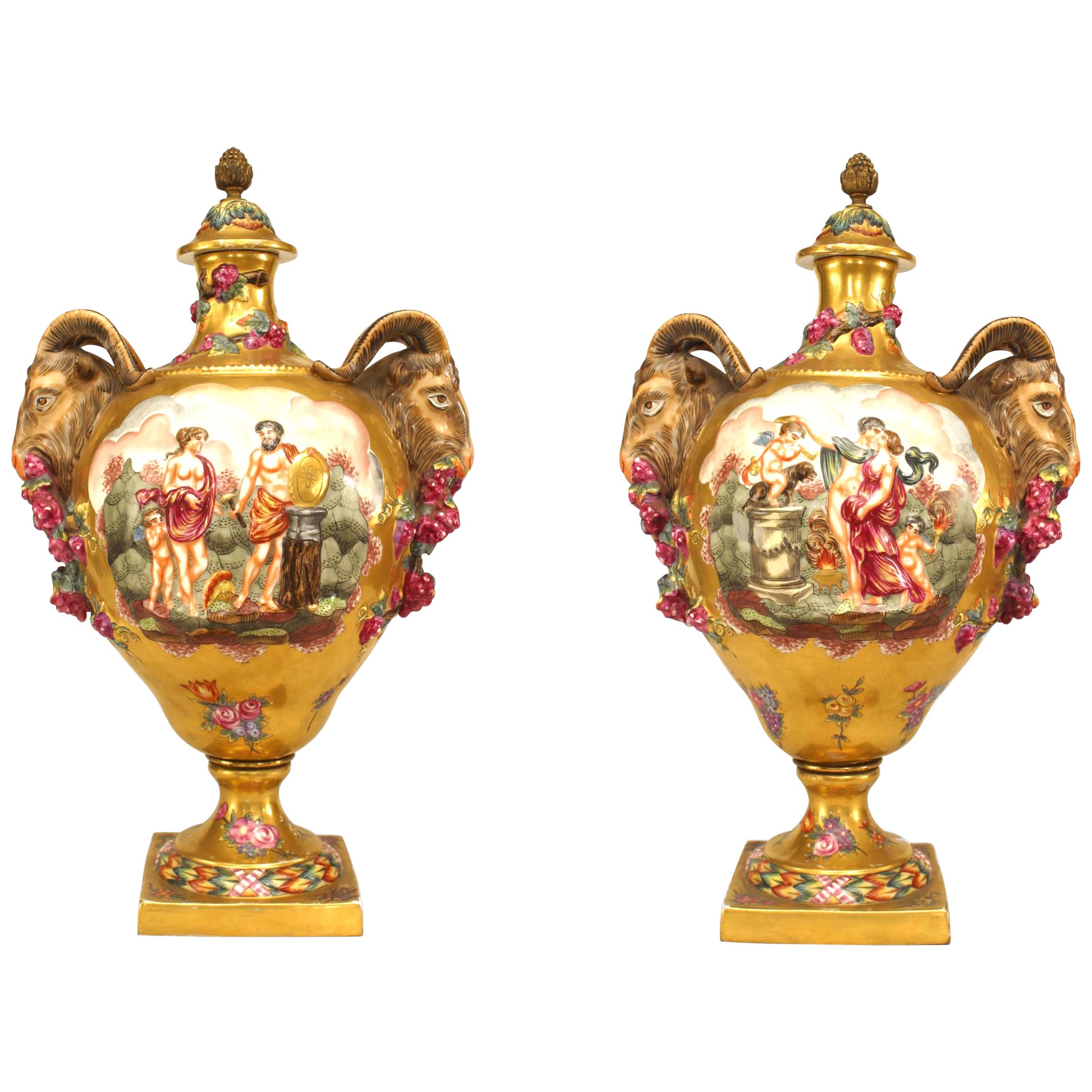 Pair of Italian Capo Di Monti Porcelain Floral Vases For Sale