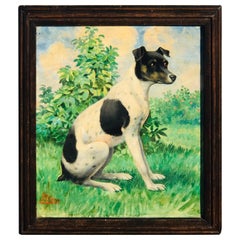 Retrato victoriano de un Jack Russell sentado en un paisaje, firmado Bruns
