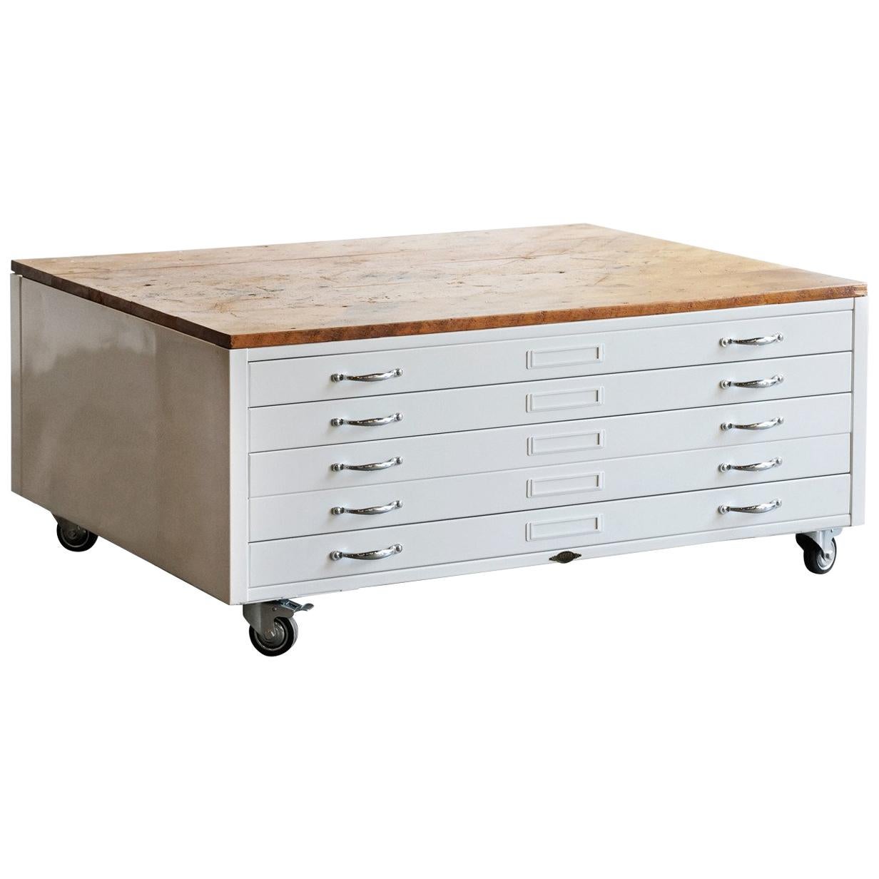 Flat File Coffee Table in High Gloss White with Reclaimed Wood For Sale