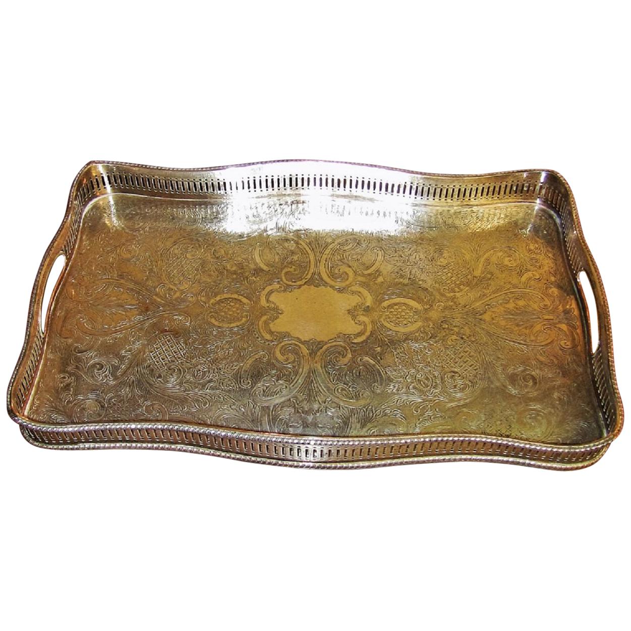 19th Century British Old Sheffield Plated Silver Heavily Engraved Serving Tray