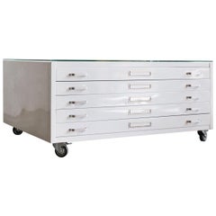 Flat File Coffee Table in Gloss White with Glass Top, Custom Order