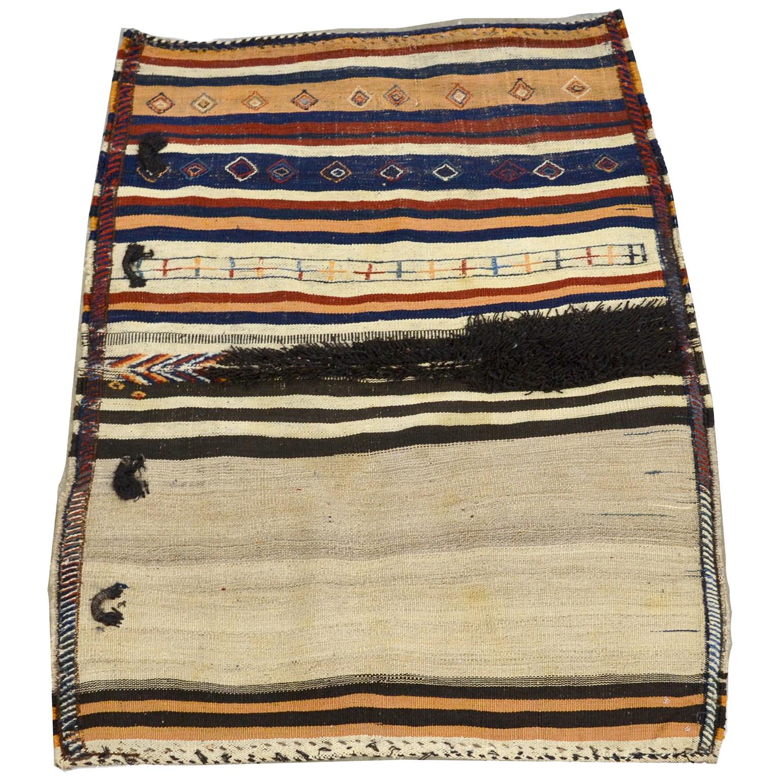 Kilim and Soumak Persian Saddle Blanket in Pure Wool, circa 1910
