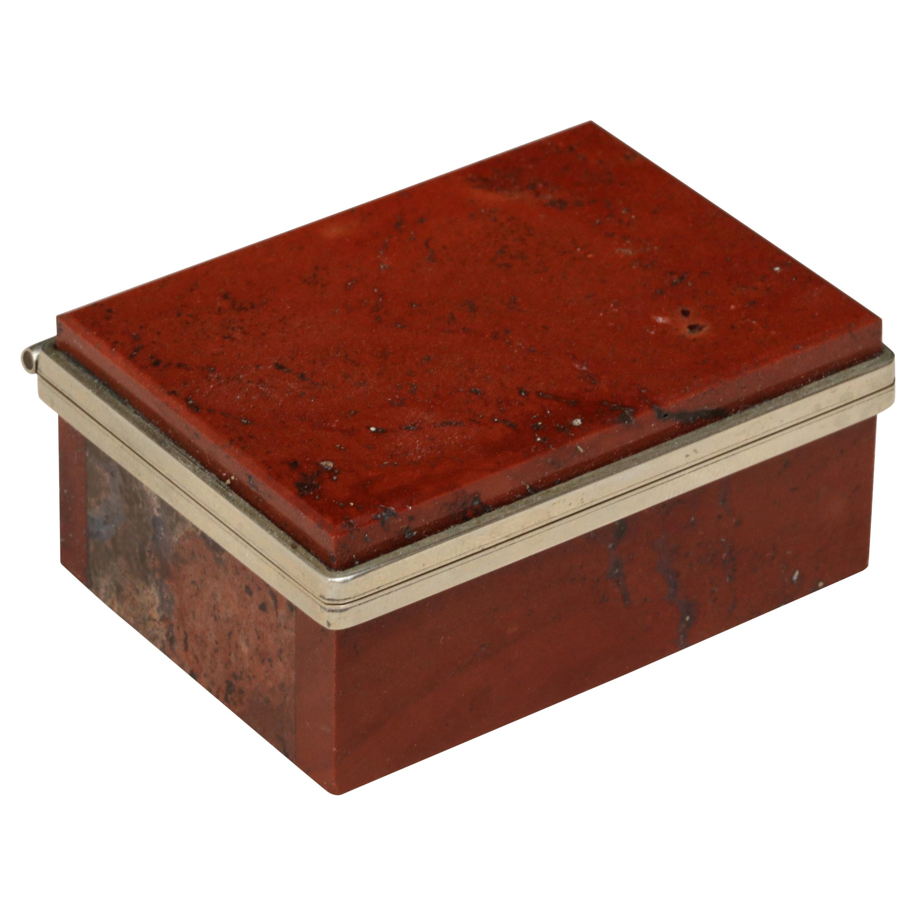 Small Continental Red Agate and Silver Plate Hinged Box For Sale