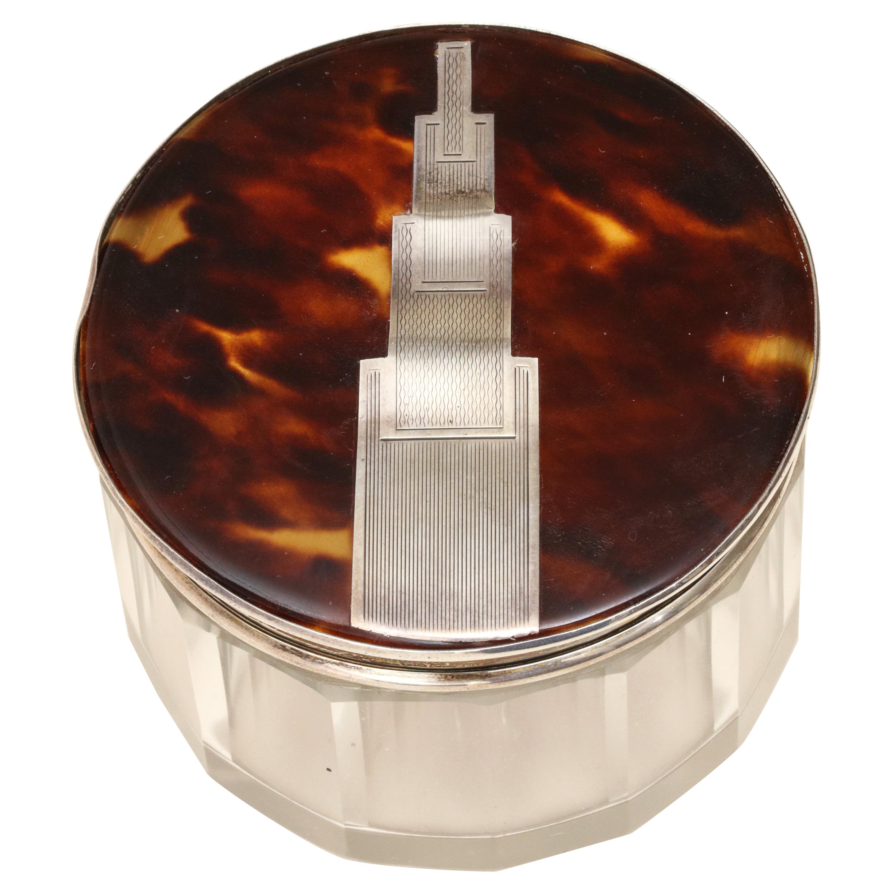 English Art Deco Crystal Jar with Faux Tortoiseshell and Sterling Silver Top For Sale