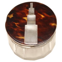 English Art Deco Crystal Jar with Faux Tortoiseshell and Sterling Silver Top