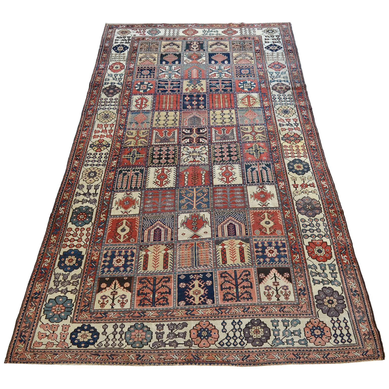 Antique 1900s Wool Persian Bakhtiari Rug by Olad, Garden Motif, 7' x 13' For Sale