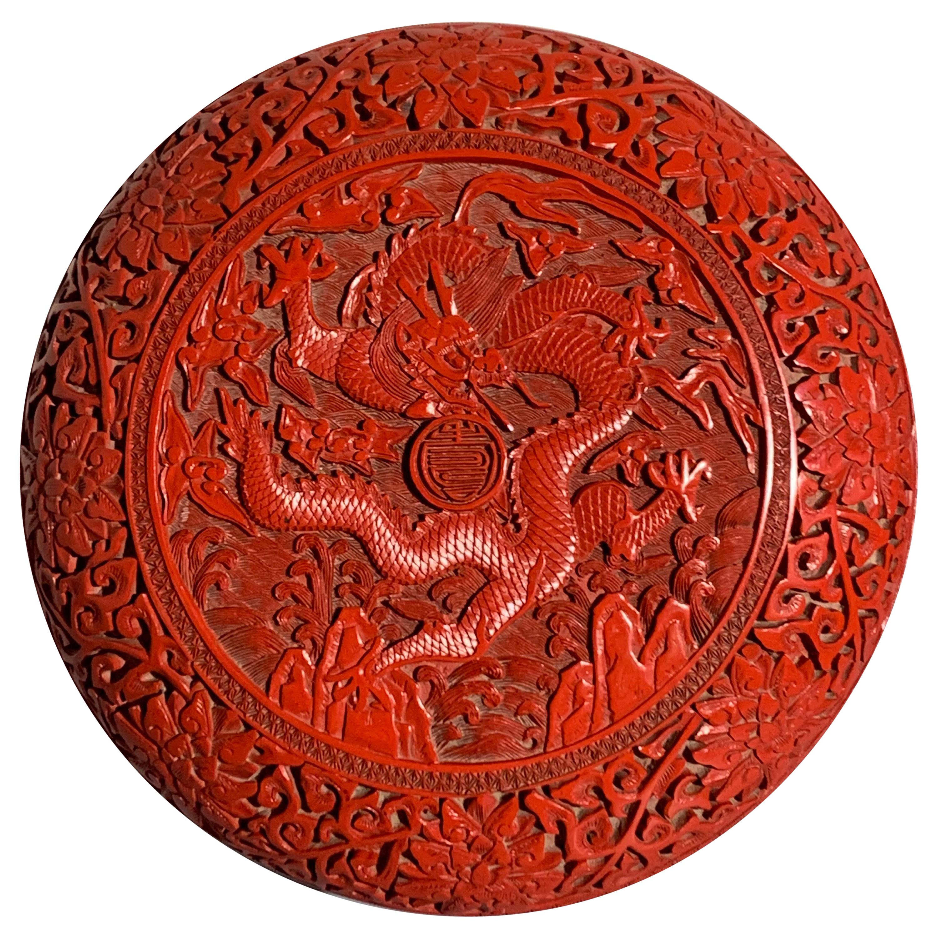 Chinese Carved Cinnabar Red Lacquer Round Dragon Box, Republic Period