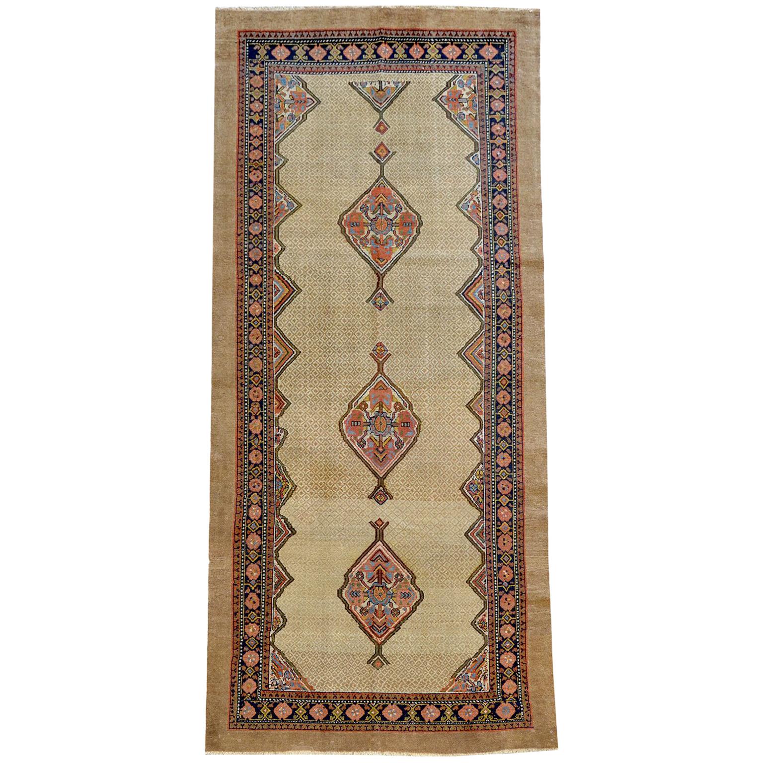 Antique 1880s Persian Seraband Gallery Rug, Camel Wool, 5' x 11'