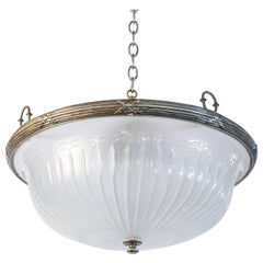 French Art Deco Frosted Glass and Silver-Plated Pendant of Grand Size