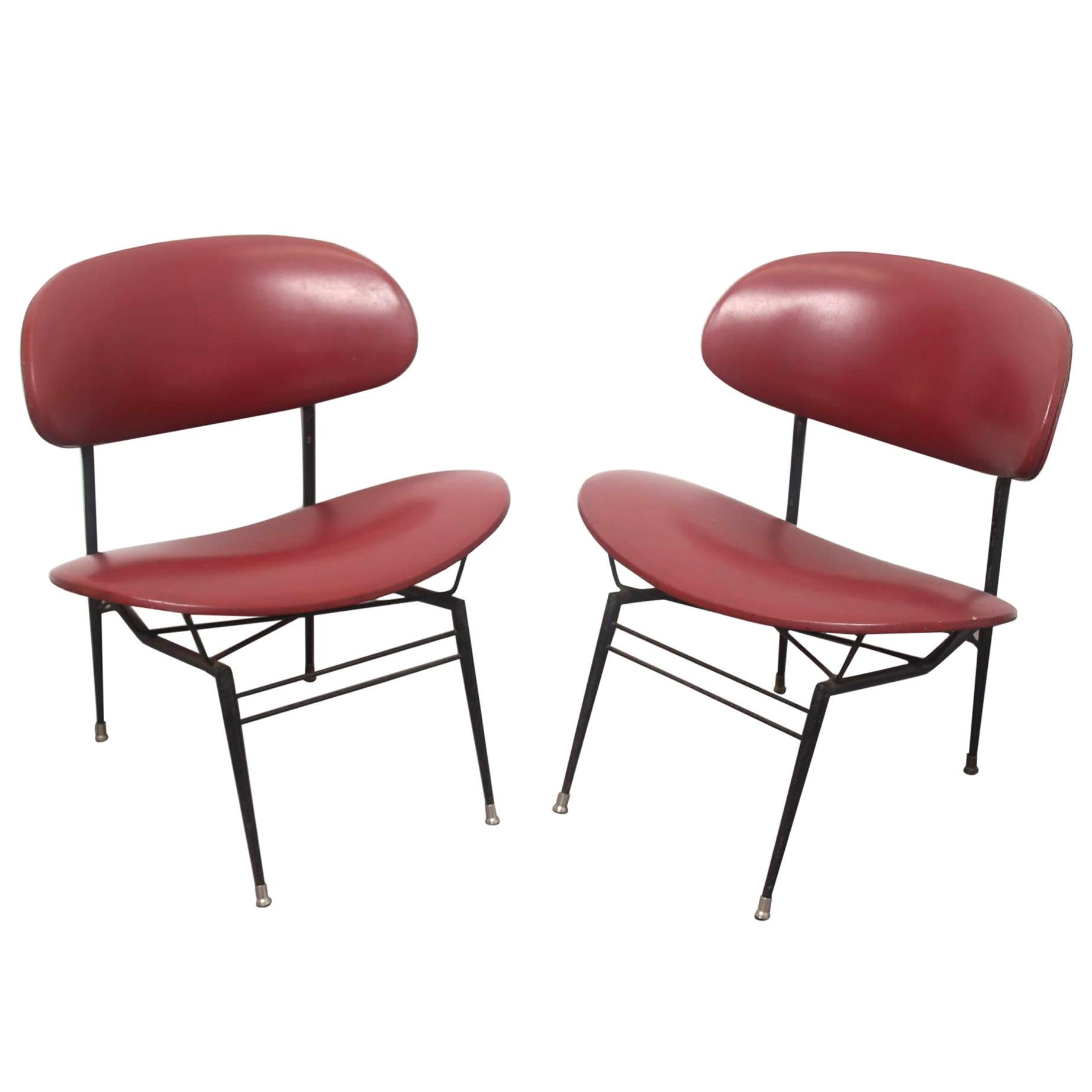 Italian Mid Century Modern Red Vinyl Lounge Chairs by Gastone Rinaldi, 1950