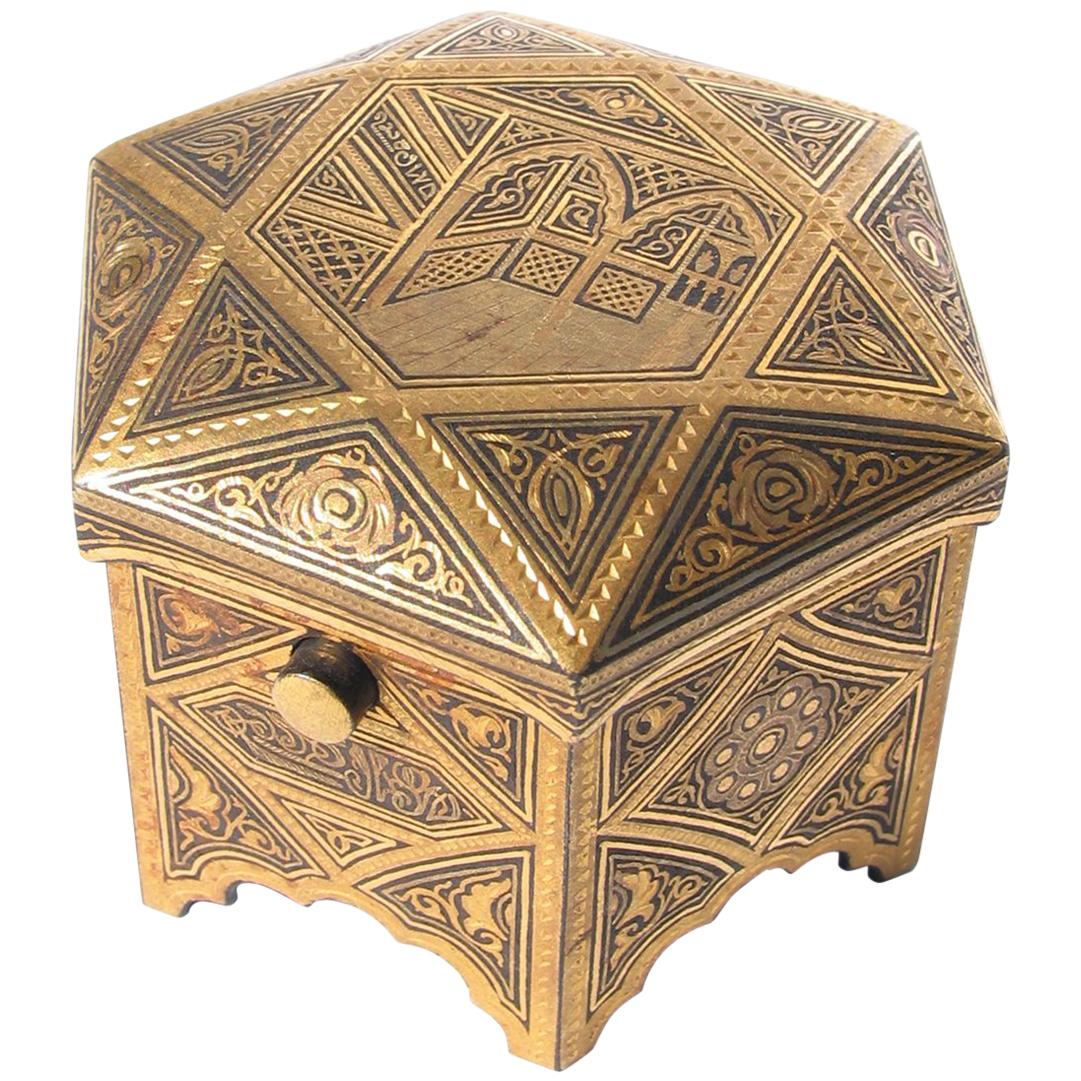 Persian Engraved Brass Hexagonal Jewelry Ring Box