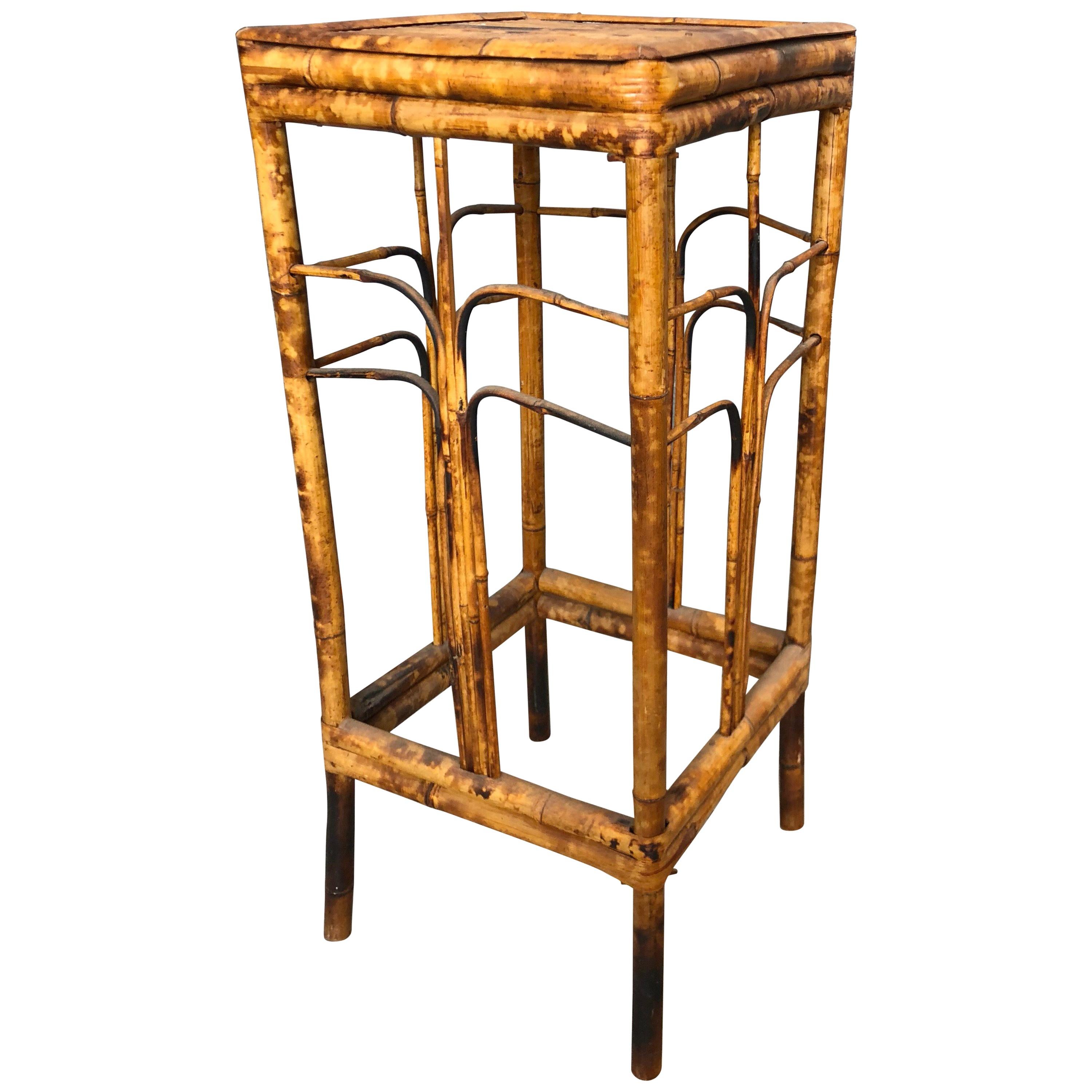 Antique Tiger Bamboo Plant Stand or Occasional Table For Sale at