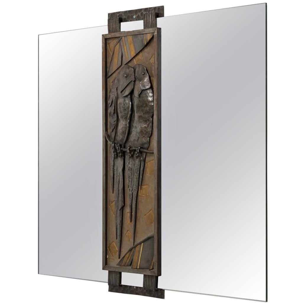 Exceptional Michel Zadounaisky Sculpted Steel Parrot Mirror, circa 1930 For Sale