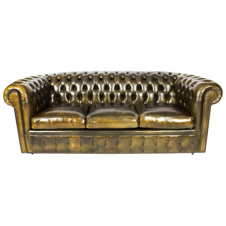 Bespoke English Leather Chesterfield Sofa Bed Olive Green For Sale at