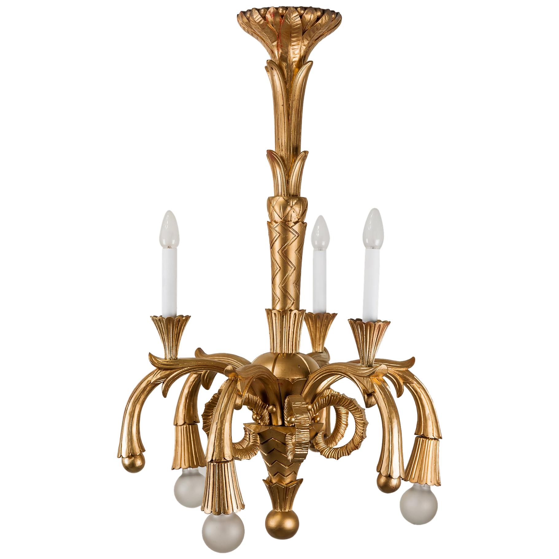 Art Deco Carved Wood Chandelier, 1930s For Sale